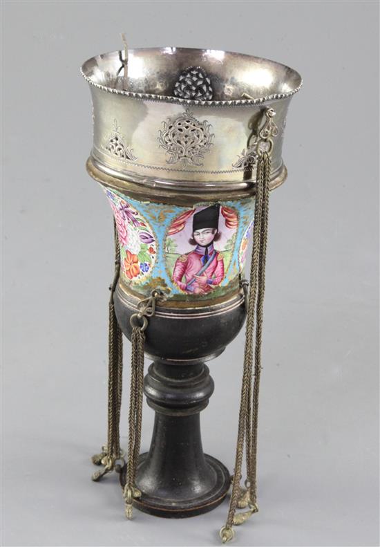 A Qajar gilt metal and polychrome enamel Ghalian stem cup, Persia, 19th century, 7.5in., damage